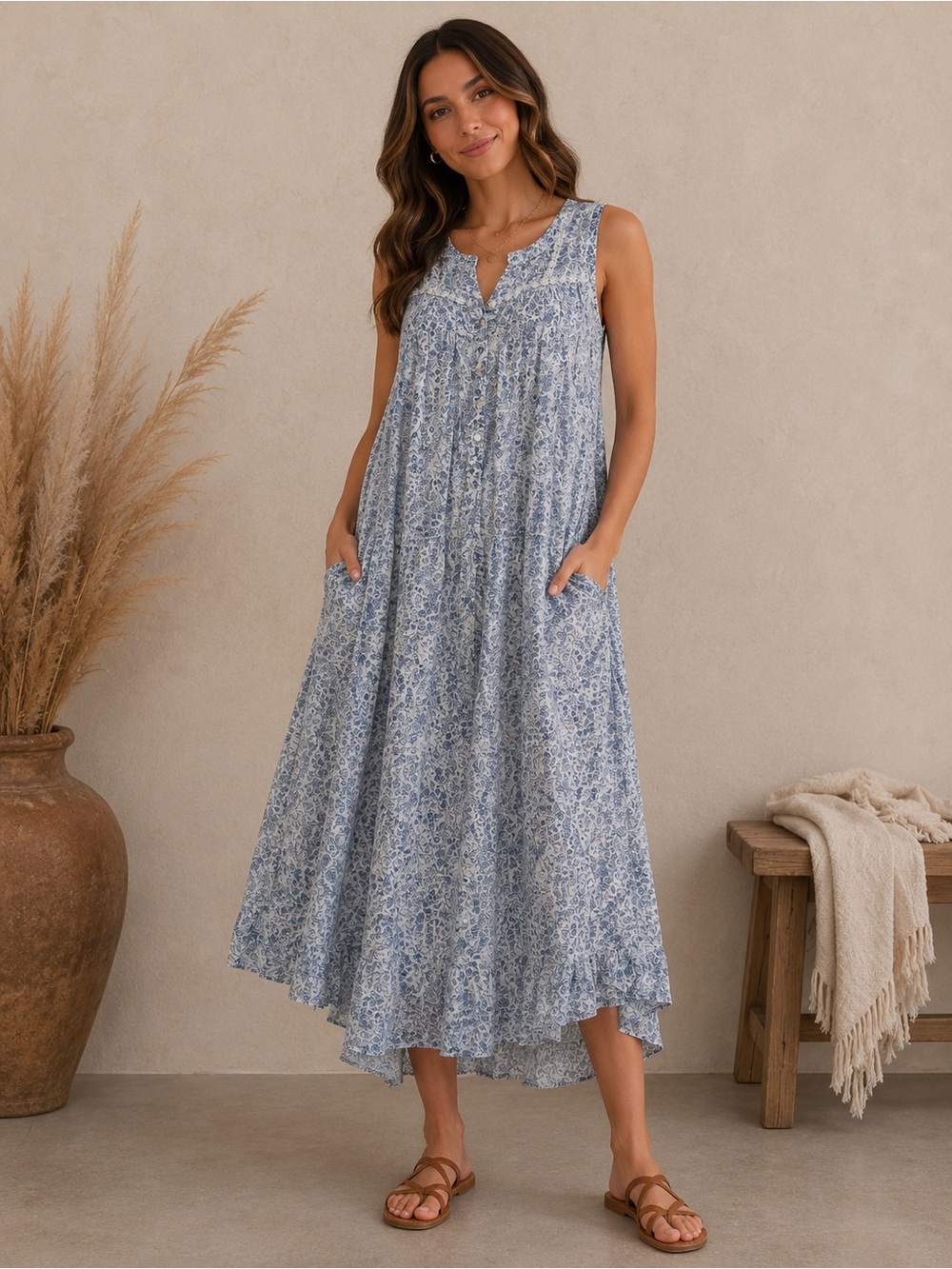 Adonna 100% Cotton Blue Floral Nightgown House Dress Size Medium Pockets